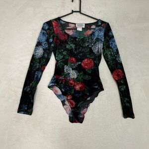 Velvet Floral Bodysuit Long Sleeve Romantic Dark Academia Vintage Glam Size S